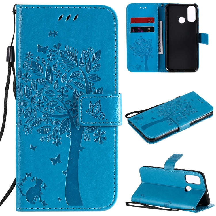 For Huawei P Smart 2020 Tree & Cat Embossed Pattern Horizontal Flip Leather Case with Holder & Card Slots & Wallet & Lanyard