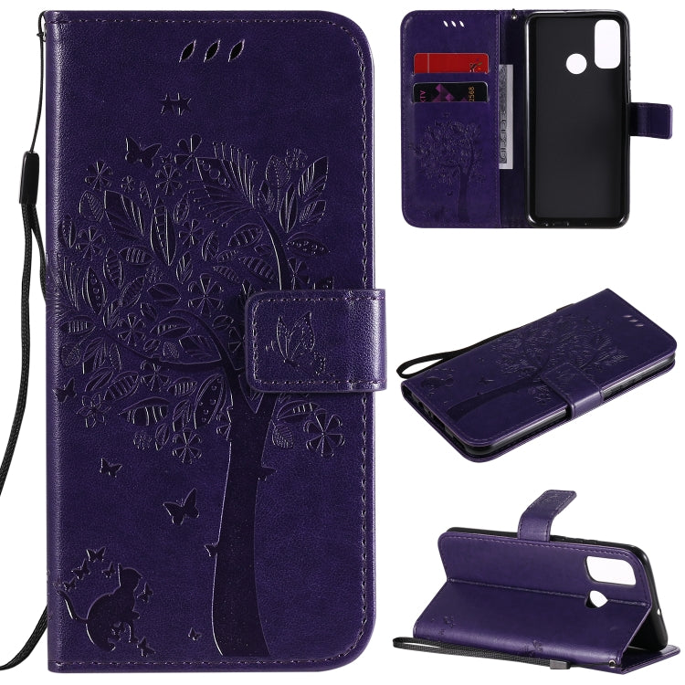 For Huawei P Smart 2020 Tree & Cat Embossed Pattern Horizontal Flip Leather Case with Holder & Card Slots & Wallet & Lanyard