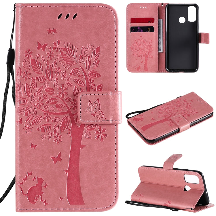 For Huawei P Smart 2020 Tree & Cat Embossed Pattern Horizontal Flip Leather Case with Holder & Card Slots & Wallet & Lanyard