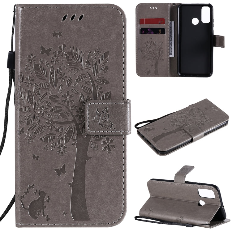 For Huawei P Smart 2020 Tree & Cat Embossed Pattern Horizontal Flip Leather Case with Holder & Card Slots & Wallet & Lanyard