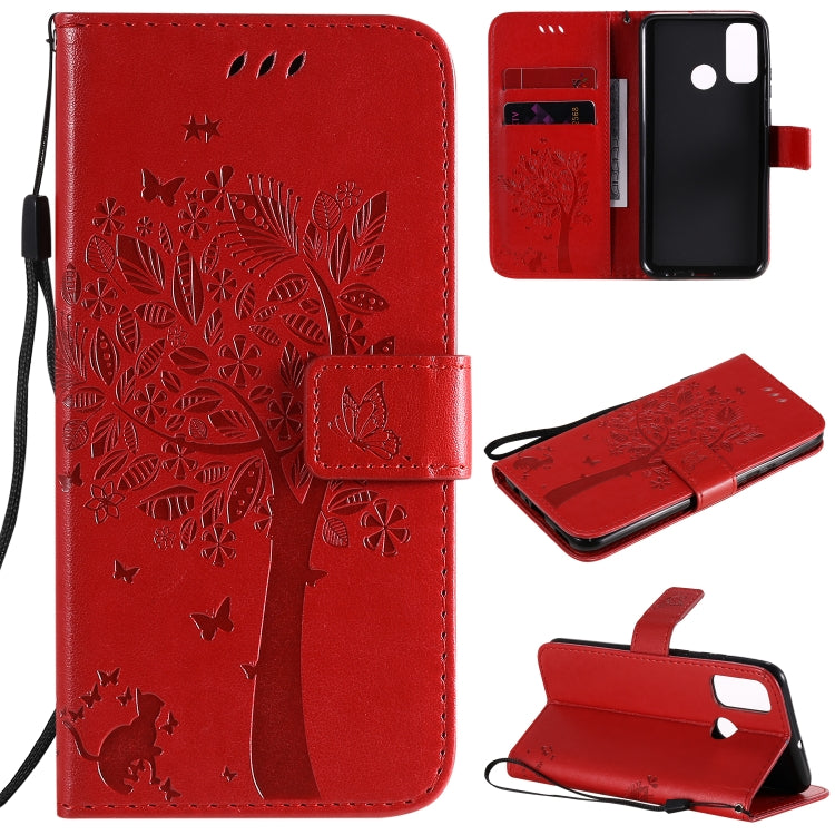 For Huawei P Smart 2020 Tree & Cat Embossed Pattern Horizontal Flip Leather Case with Holder & Card Slots & Wallet & Lanyard