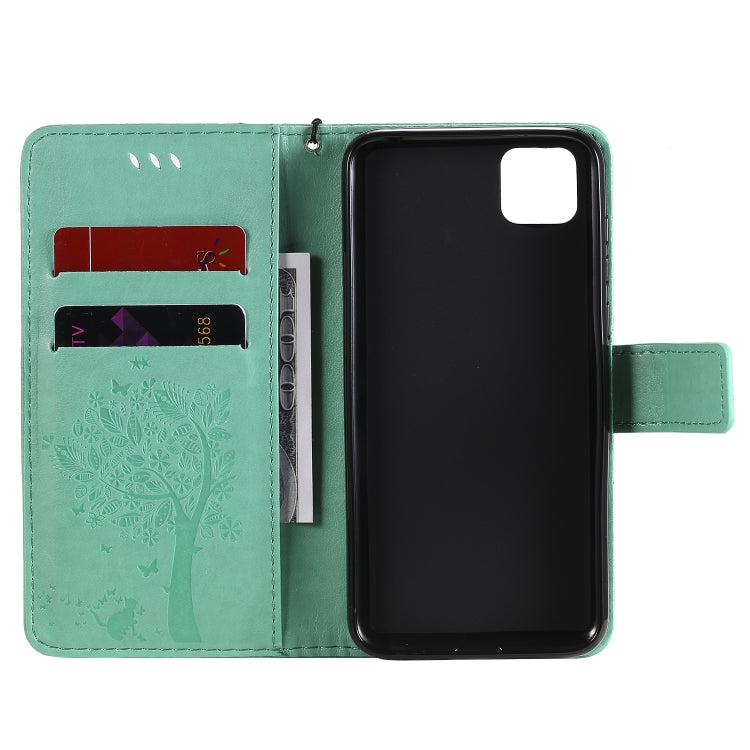 For Huawei Y5p Tree & Cat Embossed Pattern Horizontal Flip Leather Case with Holder & Card Slots & Wallet & Lanyard