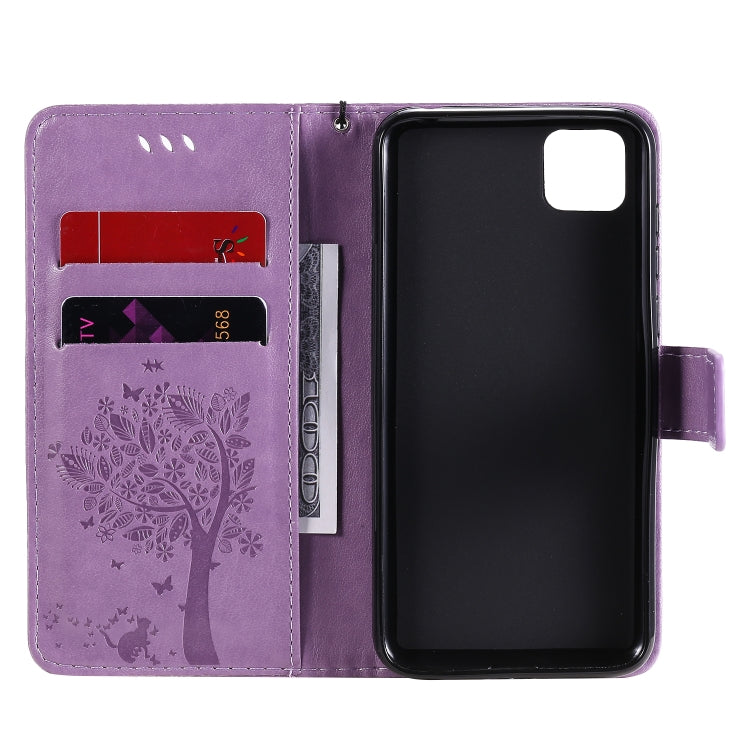 For Huawei Y5p Tree & Cat Embossed Pattern Horizontal Flip Leather Case with Holder & Card Slots & Wallet & Lanyard