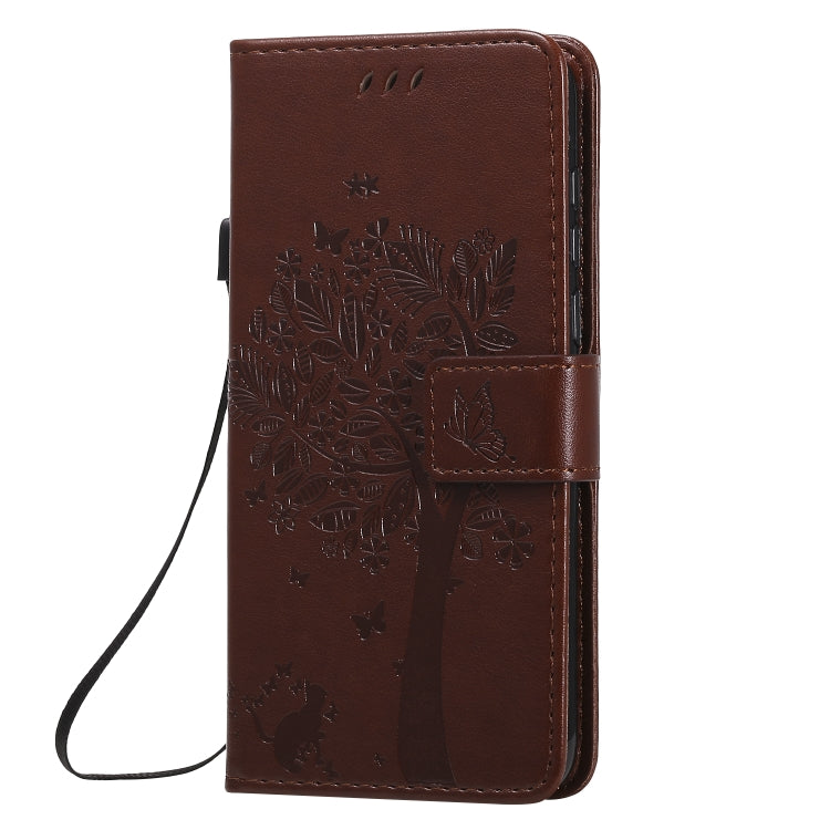 For Huawei Y5p Tree & Cat Embossed Pattern Horizontal Flip Leather Case with Holder & Card Slots & Wallet & Lanyard