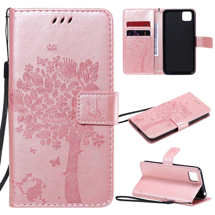 For Huawei Y5p Tree & Cat Embossed Pattern Horizontal Flip Leather Case with Holder & Card Slots & Wallet & Lanyard