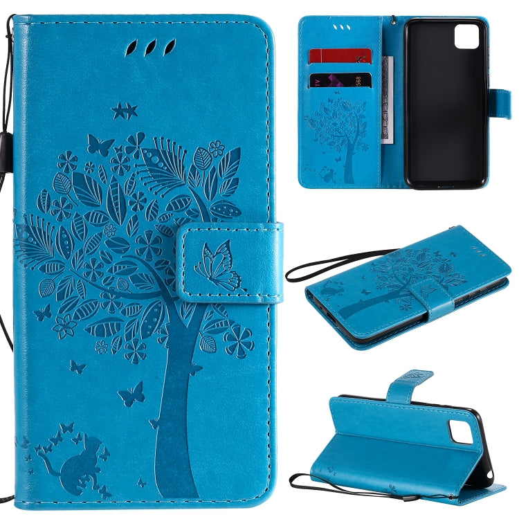 For Huawei Y5p Tree & Cat Embossed Pattern Horizontal Flip Leather Case with Holder & Card Slots & Wallet & Lanyard