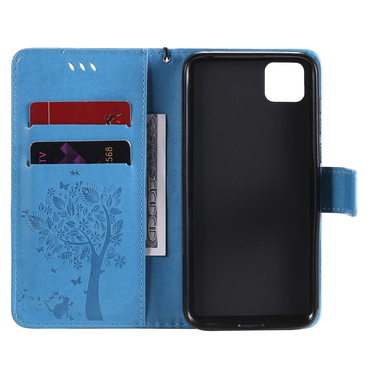 For Huawei Y5p Tree & Cat Embossed Pattern Horizontal Flip Leather Case with Holder & Card Slots & Wallet & Lanyard