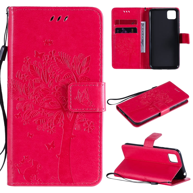 For Huawei Y5p Tree & Cat Embossed Pattern Horizontal Flip Leather Case with Holder & Card Slots & Wallet & Lanyard