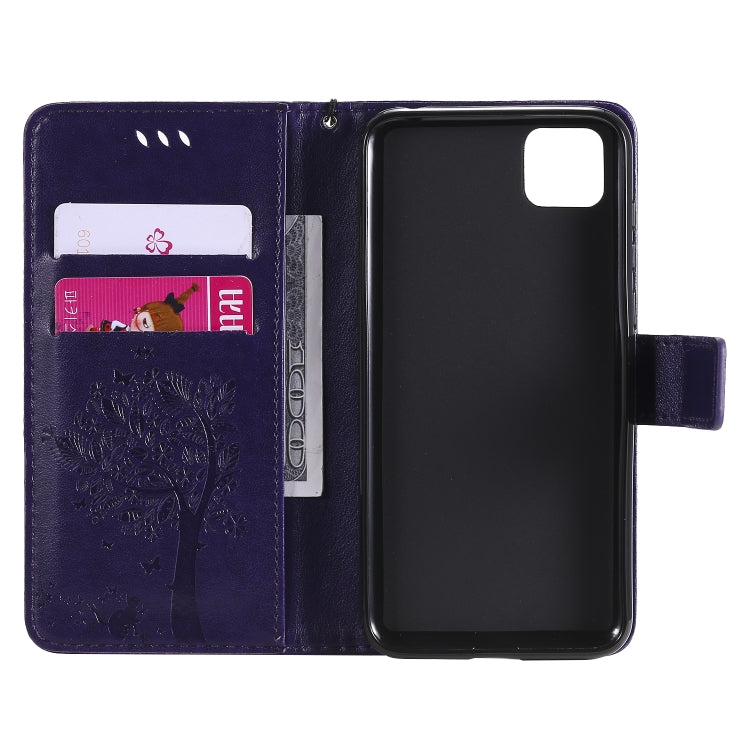 For Huawei Y5p Tree & Cat Embossed Pattern Horizontal Flip Leather Case with Holder & Card Slots & Wallet & Lanyard