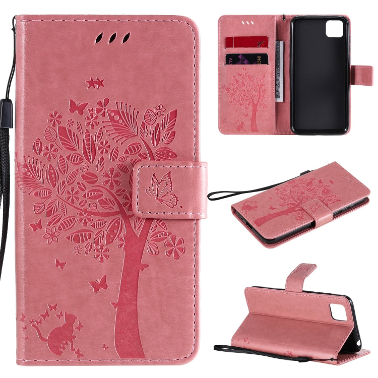 For Huawei Y5p Tree & Cat Embossed Pattern Horizontal Flip Leather Case with Holder & Card Slots & Wallet & Lanyard