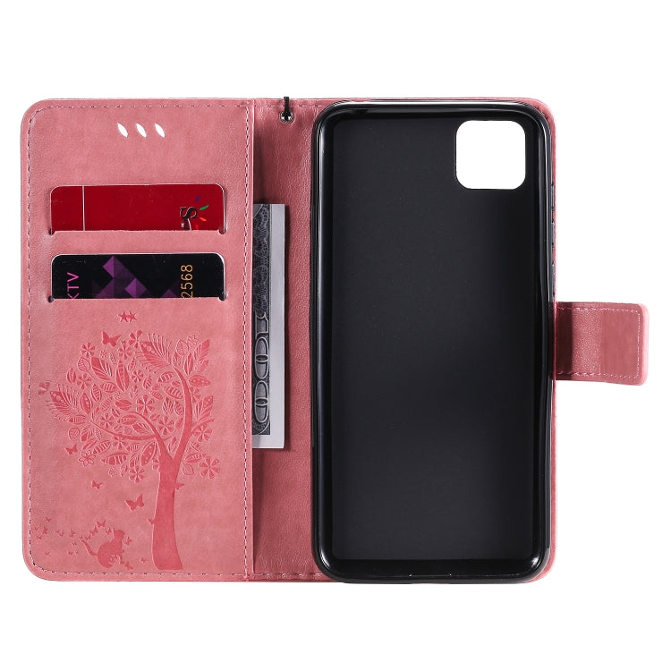 For Huawei Y5p Tree & Cat Embossed Pattern Horizontal Flip Leather Case with Holder & Card Slots & Wallet & Lanyard