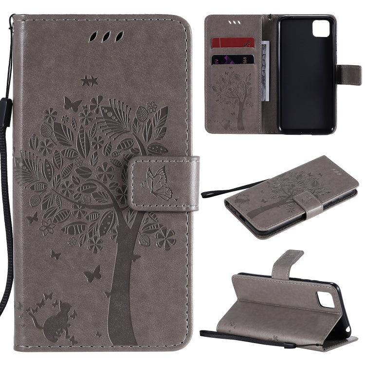 For Huawei Y5p Tree & Cat Embossed Pattern Horizontal Flip Leather Case with Holder & Card Slots & Wallet & Lanyard
