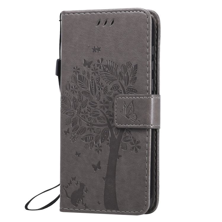 For Huawei Y5p Tree & Cat Embossed Pattern Horizontal Flip Leather Case with Holder & Card Slots & Wallet & Lanyard