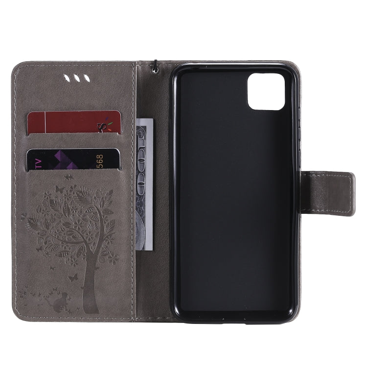 For Huawei Y5p Tree & Cat Embossed Pattern Horizontal Flip Leather Case with Holder & Card Slots & Wallet & Lanyard