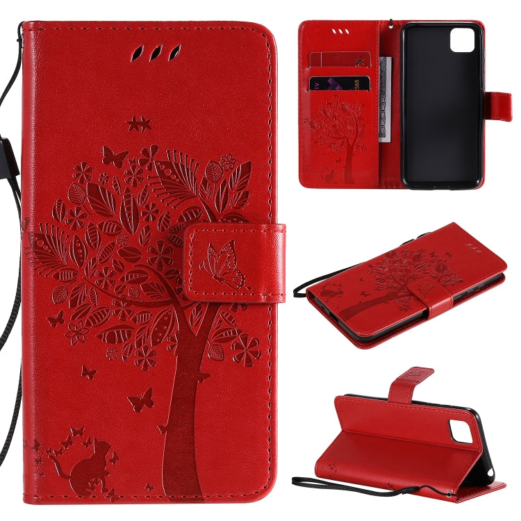 For Huawei Y5p Tree & Cat Embossed Pattern Horizontal Flip Leather Case with Holder & Card Slots & Wallet & Lanyard
