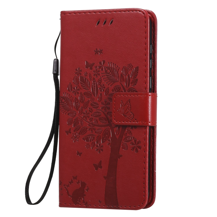 For Huawei Y5p Tree & Cat Embossed Pattern Horizontal Flip Leather Case with Holder & Card Slots & Wallet & Lanyard