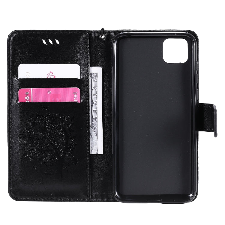 For Huawei Y5p Tree & Cat Embossed Pattern Horizontal Flip Leather Case with Holder & Card Slots & Wallet & Lanyard
