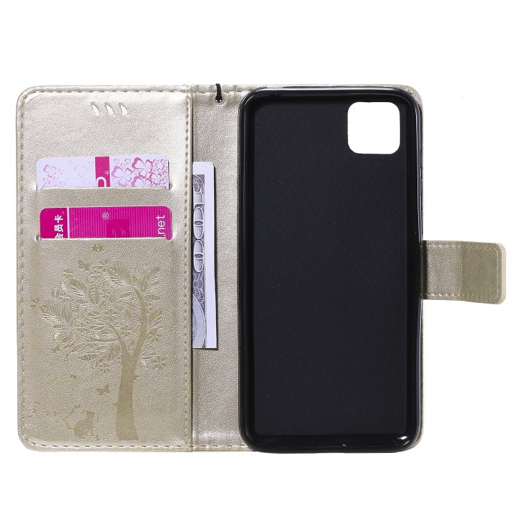 For Huawei Y5p Tree & Cat Embossed Pattern Horizontal Flip Leather Case with Holder & Card Slots & Wallet & Lanyard