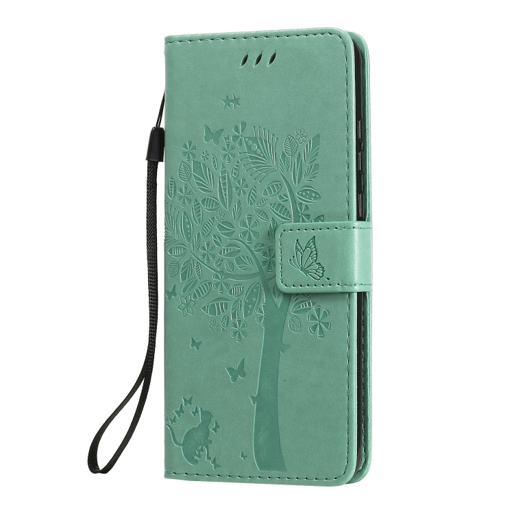 For Huawei Y6p Tree & Cat Embossed Pattern Horizontal Flip Leather Case with Holder & Card Slots & Wallet & Lanyard