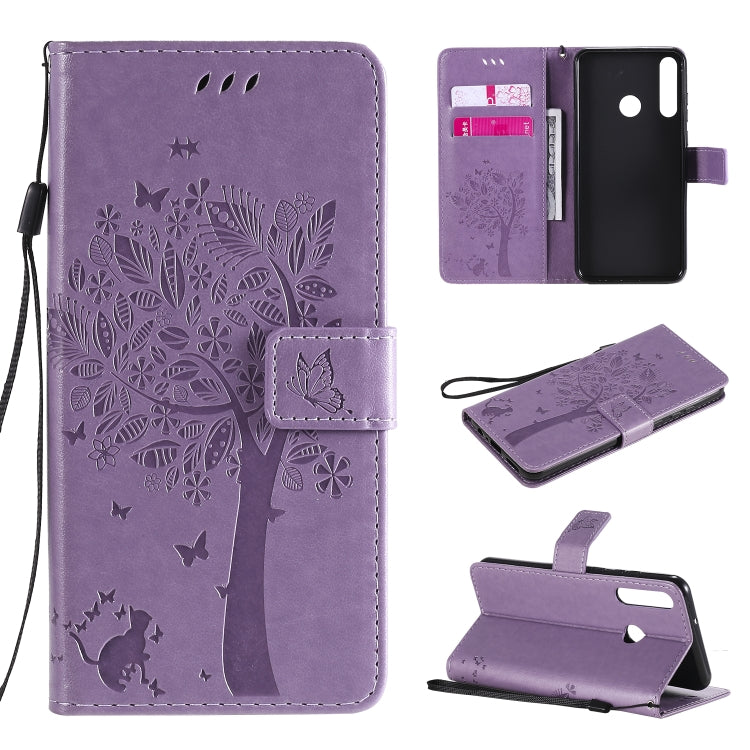 For Huawei Y6p Tree & Cat Embossed Pattern Horizontal Flip Leather Case with Holder & Card Slots & Wallet & Lanyard
