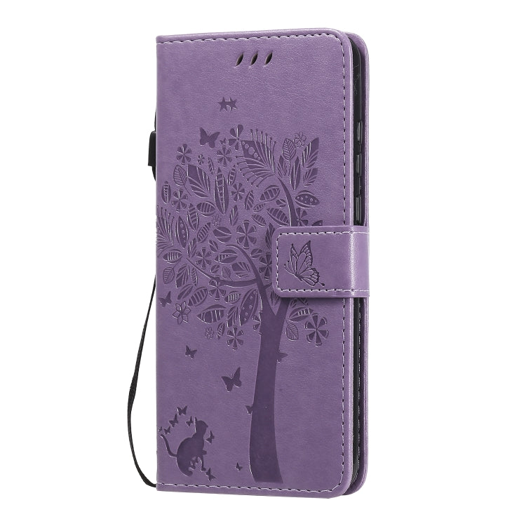 For Huawei Y6p Tree & Cat Embossed Pattern Horizontal Flip Leather Case with Holder & Card Slots & Wallet & Lanyard
