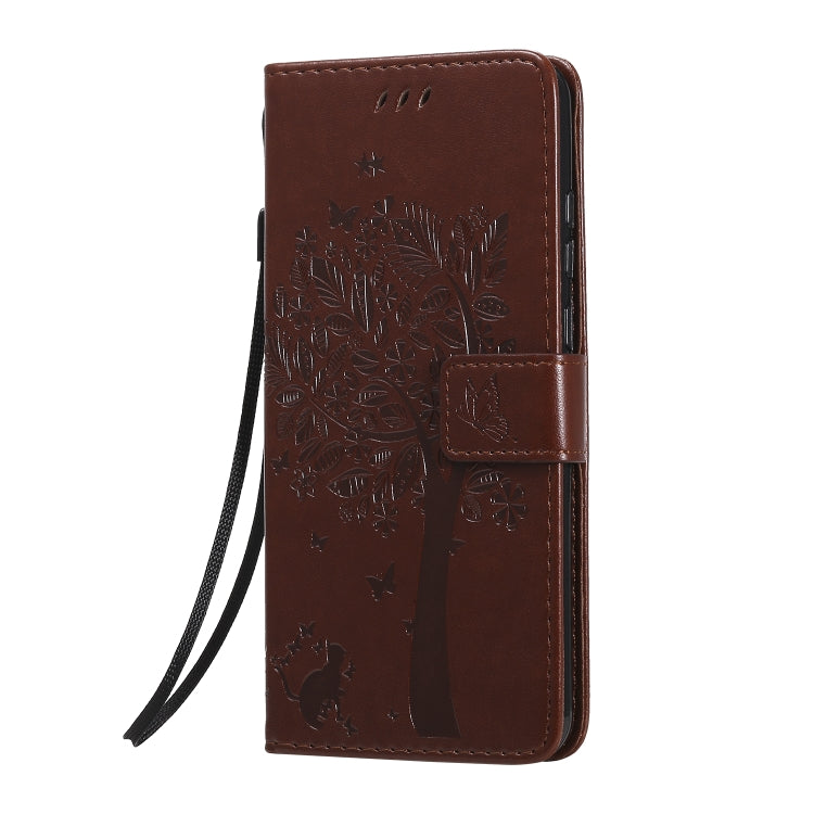 For Huawei Y6p Tree & Cat Embossed Pattern Horizontal Flip Leather Case with Holder & Card Slots & Wallet & Lanyard