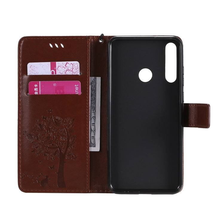 For Huawei Y6p Tree & Cat Embossed Pattern Horizontal Flip Leather Case with Holder & Card Slots & Wallet & Lanyard