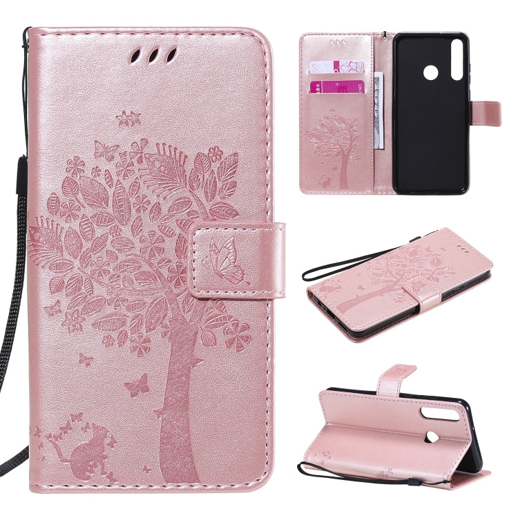 For Huawei Y6p Tree & Cat Embossed Pattern Horizontal Flip Leather Case with Holder & Card Slots & Wallet & Lanyard