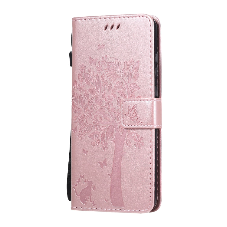 For Huawei Y6p Tree & Cat Embossed Pattern Horizontal Flip Leather Case with Holder & Card Slots & Wallet & Lanyard