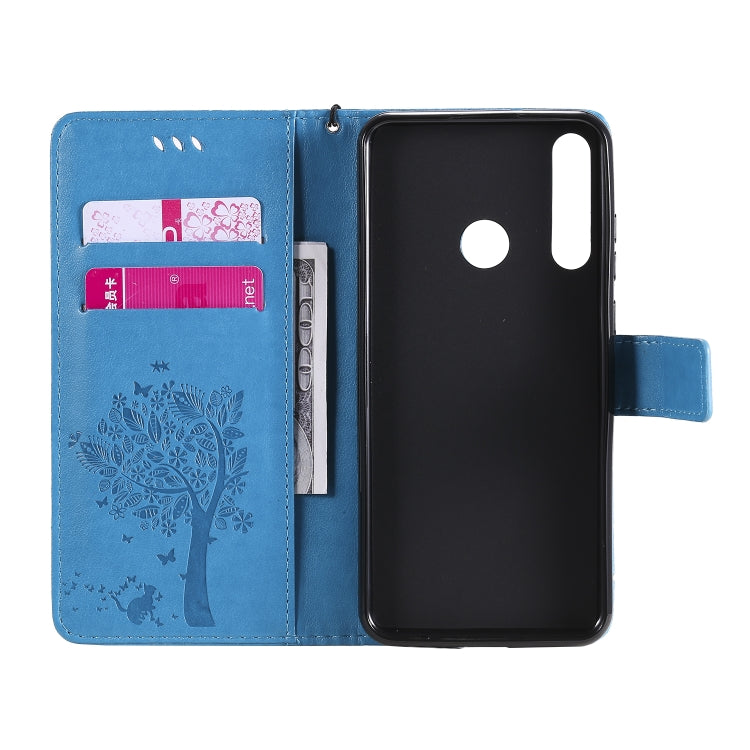 For Huawei Y6p Tree & Cat Embossed Pattern Horizontal Flip Leather Case with Holder & Card Slots & Wallet & Lanyard