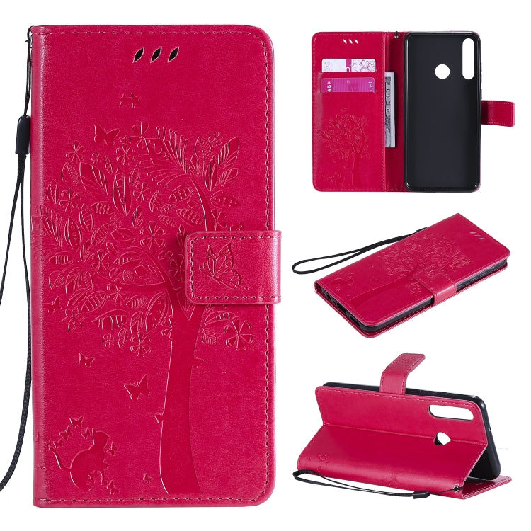 For Huawei Y6p Tree & Cat Embossed Pattern Horizontal Flip Leather Case with Holder & Card Slots & Wallet & Lanyard