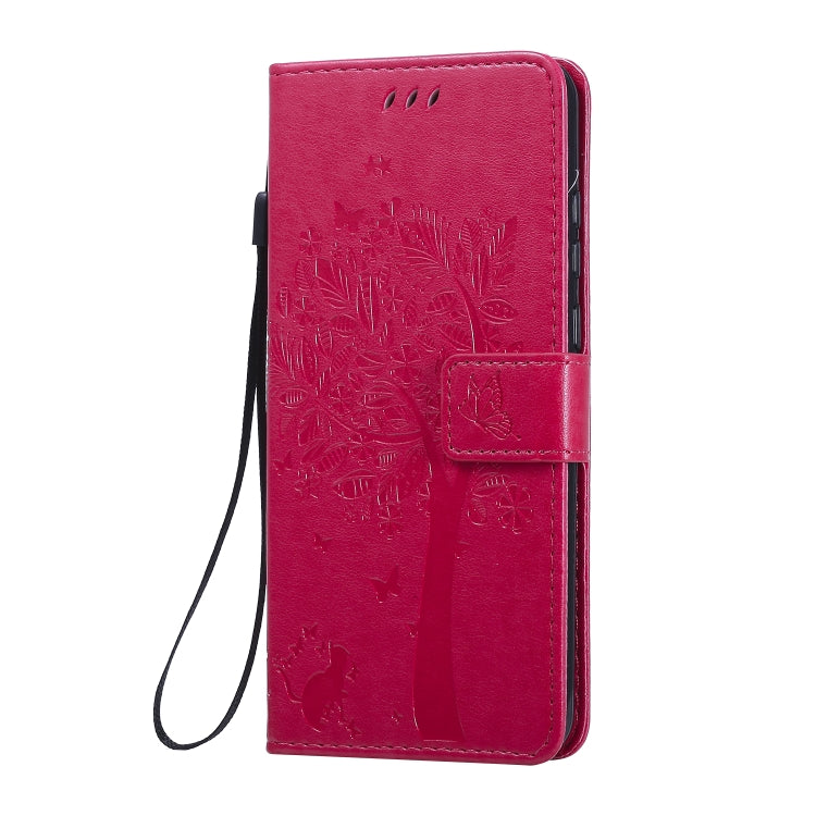 For Huawei Y6p Tree & Cat Embossed Pattern Horizontal Flip Leather Case with Holder & Card Slots & Wallet & Lanyard
