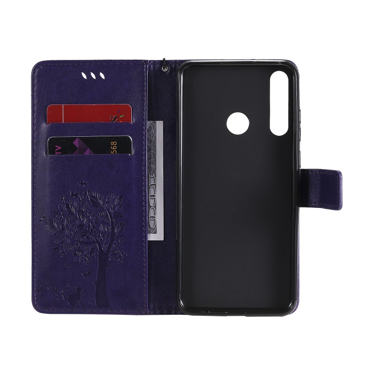For Huawei Y6p Tree & Cat Embossed Pattern Horizontal Flip Leather Case with Holder & Card Slots & Wallet & Lanyard