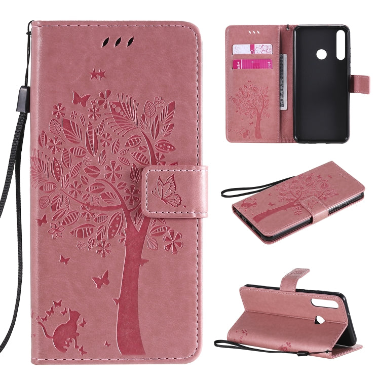 For Huawei Y6p Tree & Cat Embossed Pattern Horizontal Flip Leather Case with Holder & Card Slots & Wallet & Lanyard