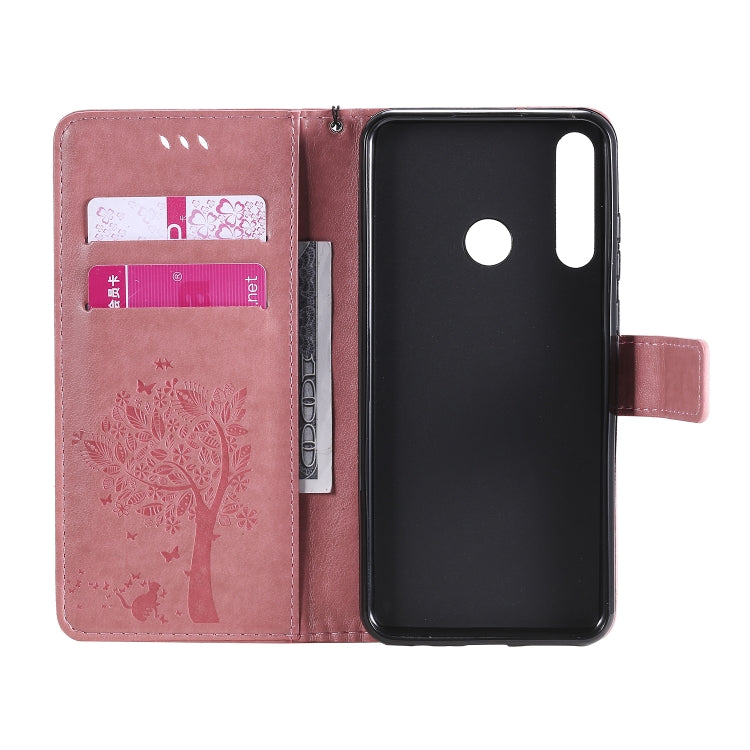 For Huawei Y6p Tree & Cat Embossed Pattern Horizontal Flip Leather Case with Holder & Card Slots & Wallet & Lanyard