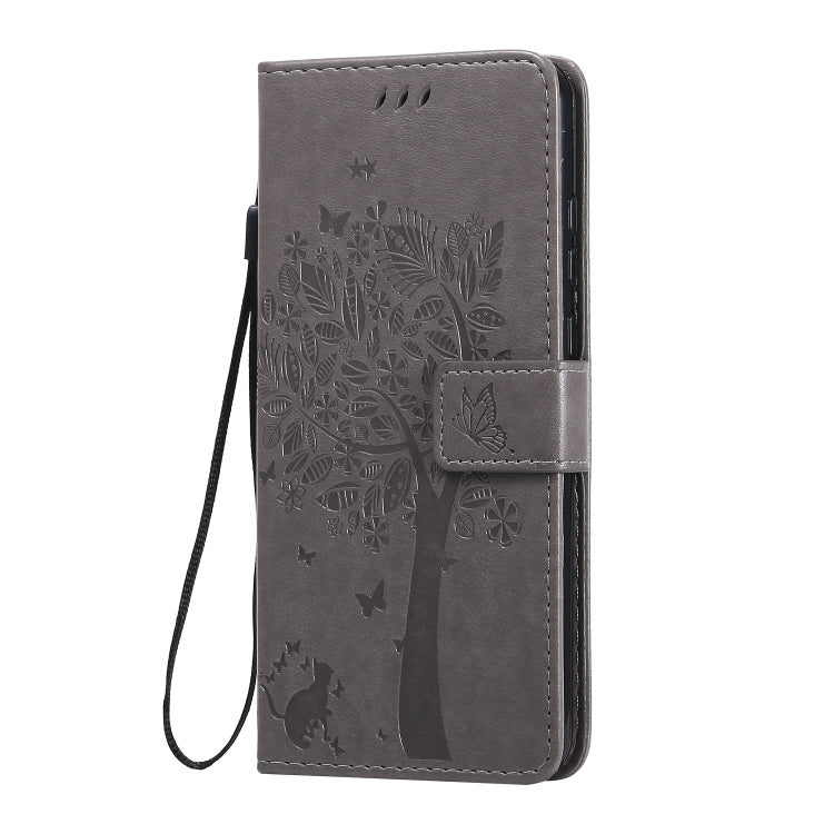 For Huawei Y6p Tree & Cat Embossed Pattern Horizontal Flip Leather Case with Holder & Card Slots & Wallet & Lanyard