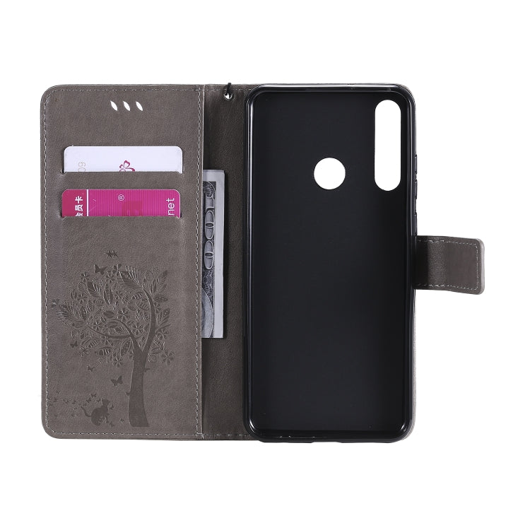 For Huawei Y6p Tree & Cat Embossed Pattern Horizontal Flip Leather Case with Holder & Card Slots & Wallet & Lanyard