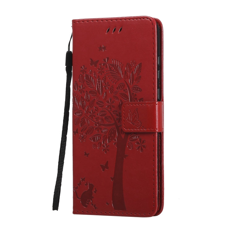 For Huawei Y6p Tree & Cat Embossed Pattern Horizontal Flip Leather Case with Holder & Card Slots & Wallet & Lanyard