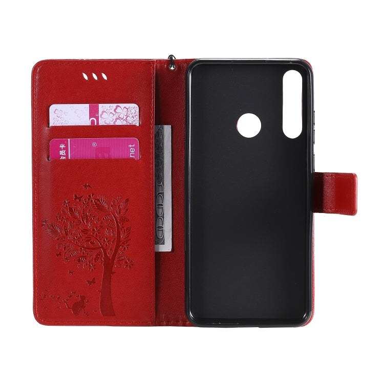 For Huawei Y6p Tree & Cat Embossed Pattern Horizontal Flip Leather Case with Holder & Card Slots & Wallet & Lanyard
