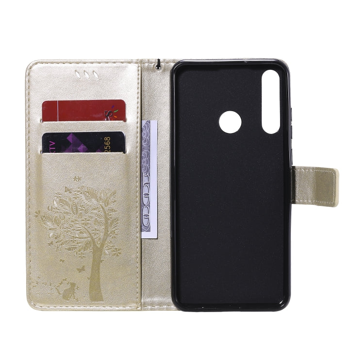 For Huawei Y6p Tree & Cat Embossed Pattern Horizontal Flip Leather Case with Holder & Card Slots & Wallet & Lanyard