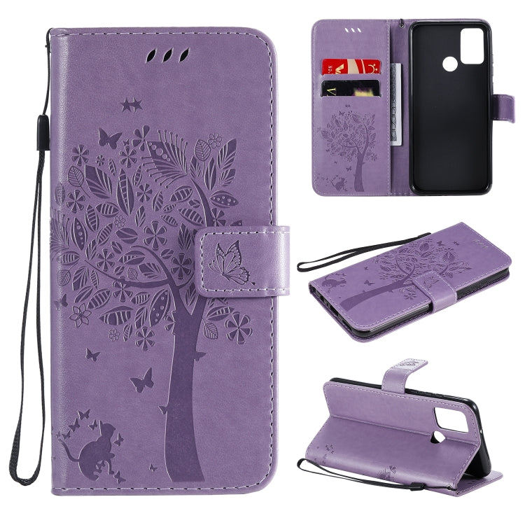 For Huawei Honor 9A Tree & Cat Embossed Pattern Horizontal Flip Leather Case with Holder & Card Slots & Wallet & Lanyard