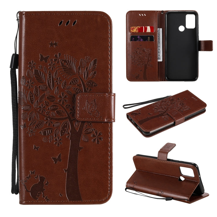 For Huawei Honor 9A Tree & Cat Embossed Pattern Horizontal Flip Leather Case with Holder & Card Slots & Wallet & Lanyard