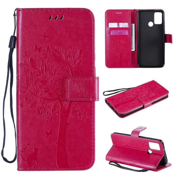 For Huawei Honor 9A Tree & Cat Embossed Pattern Horizontal Flip Leather Case with Holder & Card Slots & Wallet & Lanyard