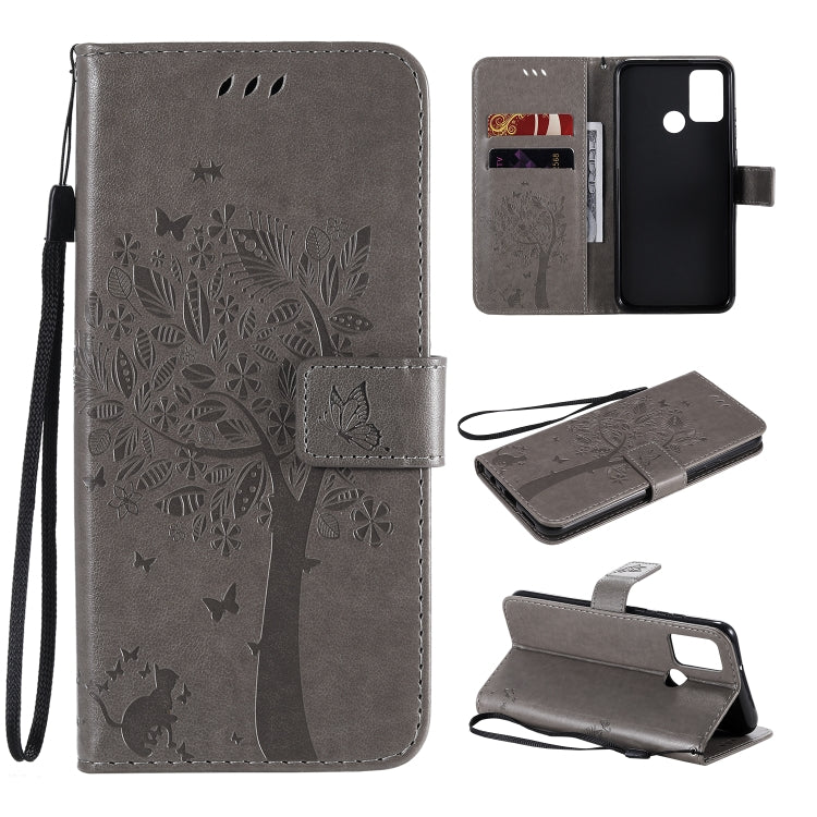 For Huawei Honor 9A Tree & Cat Embossed Pattern Horizontal Flip Leather Case with Holder & Card Slots & Wallet & Lanyard