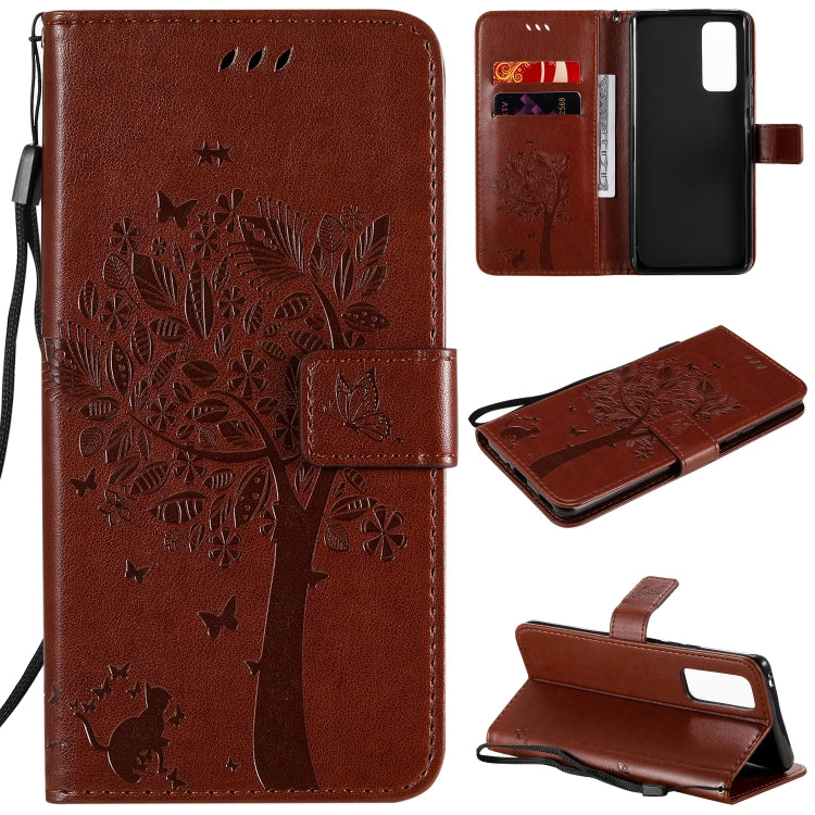 For Huawei Honor 30 Pro Tree & Cat Embossed Pattern Horizontal Flip Leather Case with Holder & Card Slots & Wallet & Lanyard