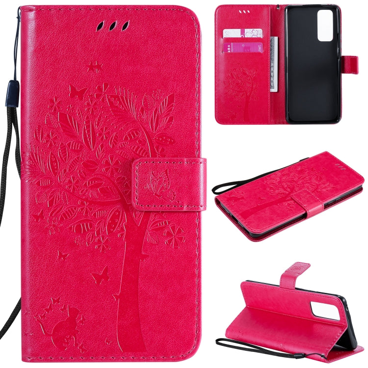 For Huawei Honor 30 Pro Tree & Cat Embossed Pattern Horizontal Flip Leather Case with Holder & Card Slots & Wallet & Lanyard