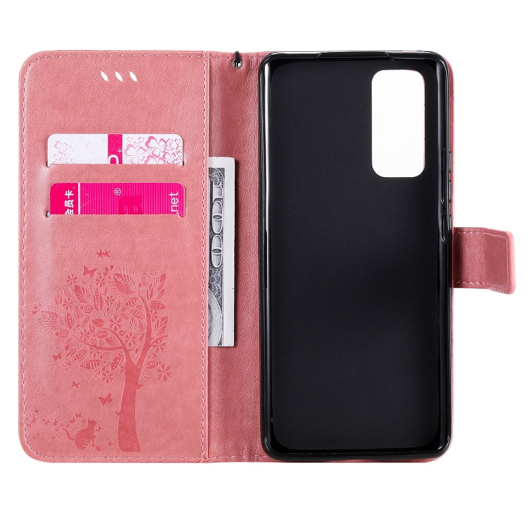 For Huawei Honor 30 Pro Tree & Cat Embossed Pattern Horizontal Flip Leather Case with Holder & Card Slots & Wallet & Lanyard