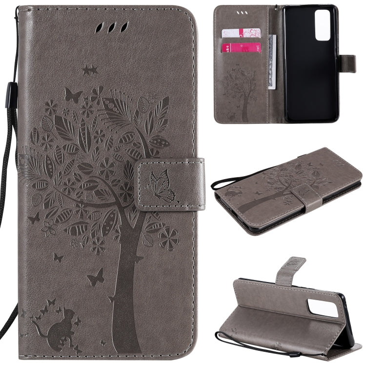 For Huawei Honor 30 Pro Tree & Cat Embossed Pattern Horizontal Flip Leather Case with Holder & Card Slots & Wallet & Lanyard