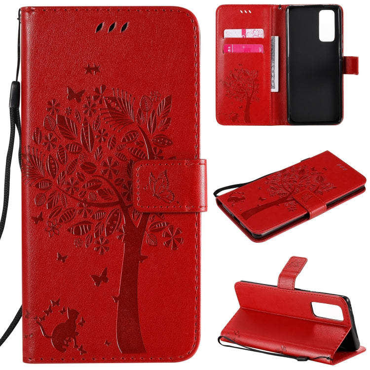 For Huawei Honor 30 Pro Tree & Cat Embossed Pattern Horizontal Flip Leather Case with Holder & Card Slots & Wallet & Lanyard
