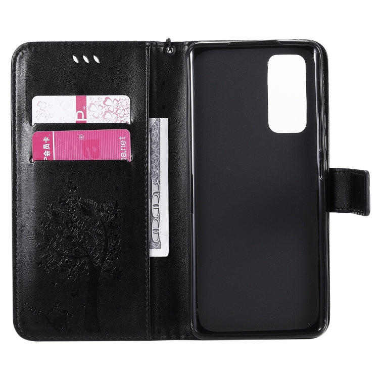 For Huawei Honor 30 Pro Tree & Cat Embossed Pattern Horizontal Flip Leather Case with Holder & Card Slots & Wallet & Lanyard